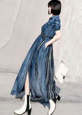 Vestido ceñido de mezclilla a rayas con cuello Peter Pan azul estilo patchwork